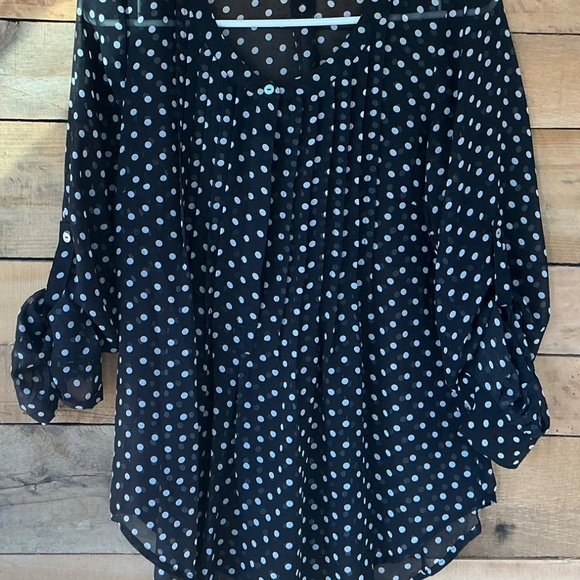Daniel Rainn M Blouse Sheer Polka Dot Roll Tab Sleeve Pleated Front Romantic - Picture 2 of 9